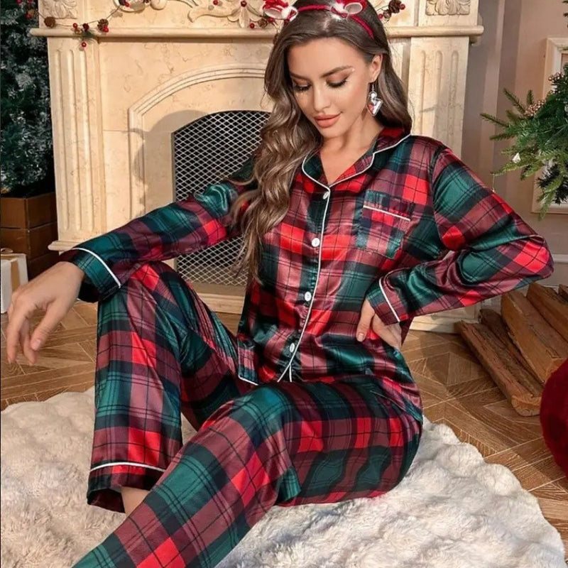 Women's Satin Green Tartan Christmas Pyjamas