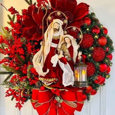 Light-Up Nativity Christmas Wreath with Red Bow – image 3