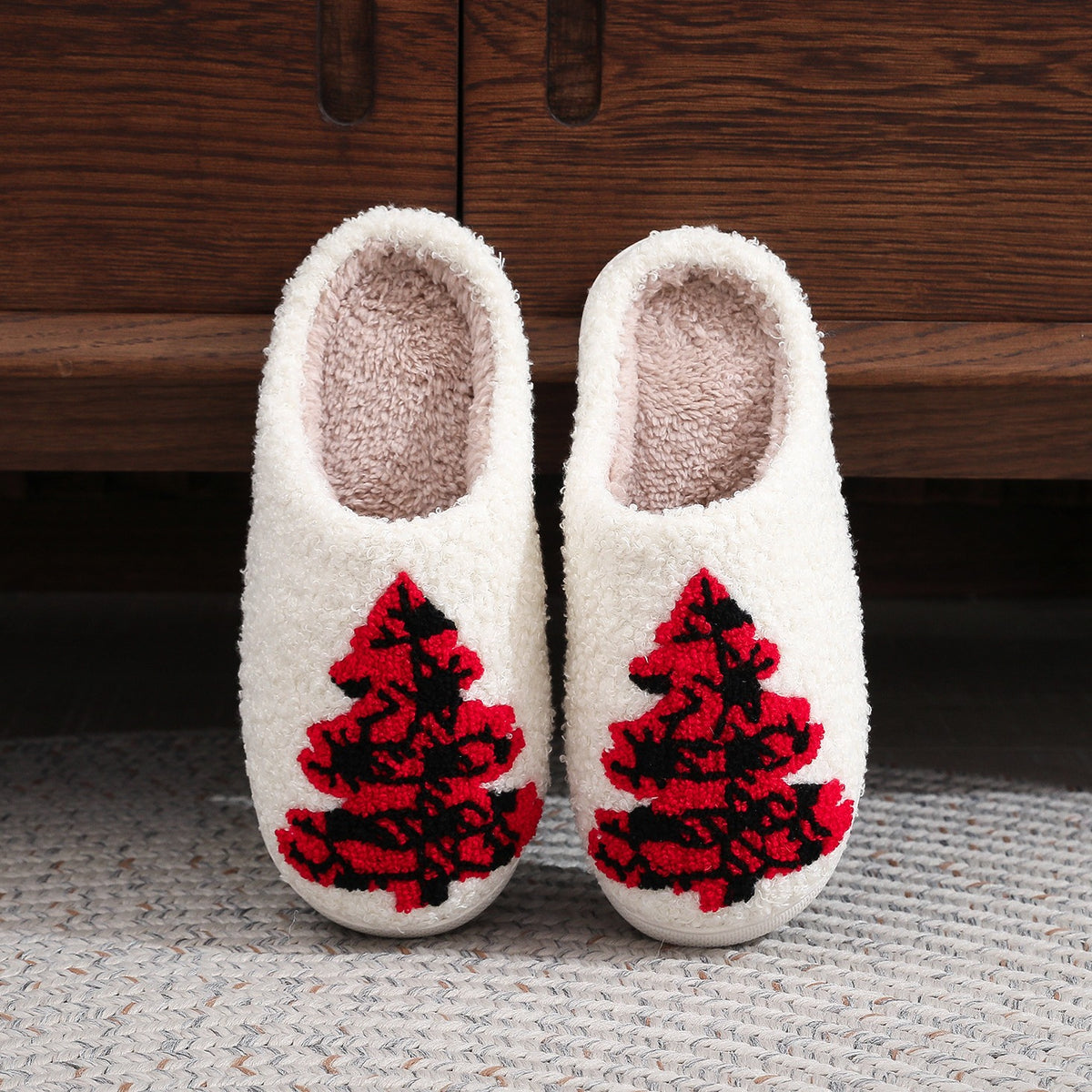 Plaid Christmas Tree Teddy Fleece Slippers