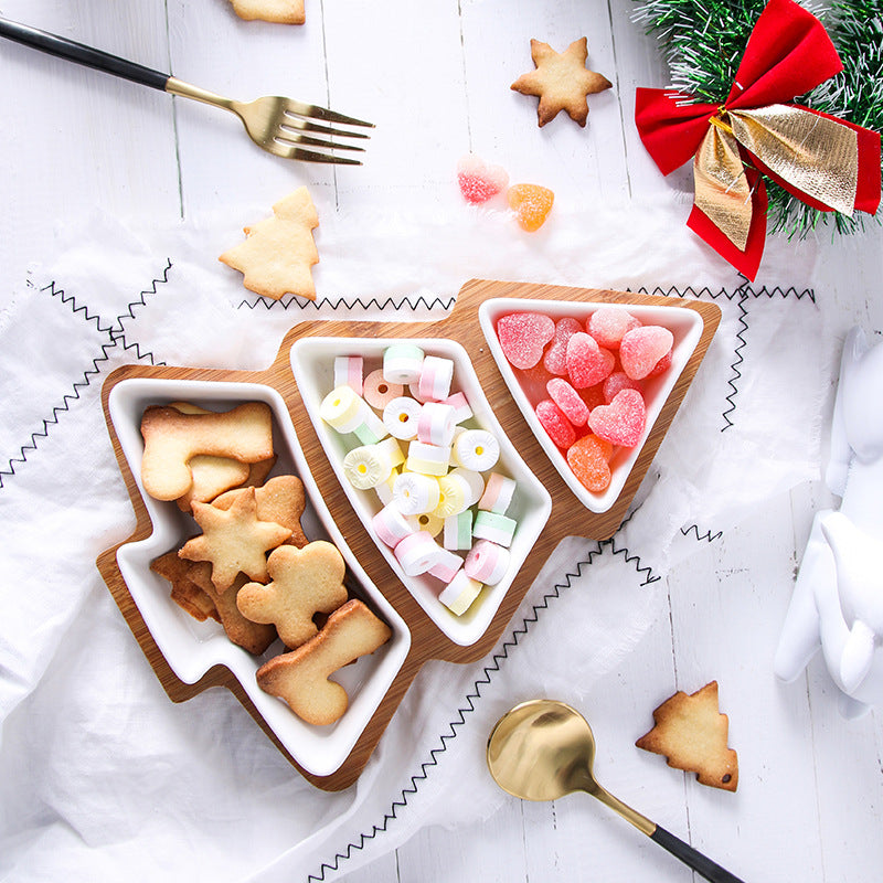 Ceramic & Bamboo Christmas Tree Serving Dish