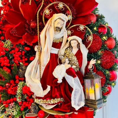Light-Up Nativity Christmas Wreath with Red Bow – image 2