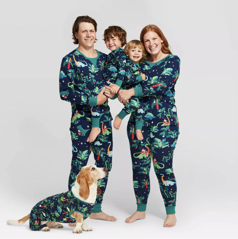 Family Navy Dinosaur Christmas Pyjamas with Dog Outfit