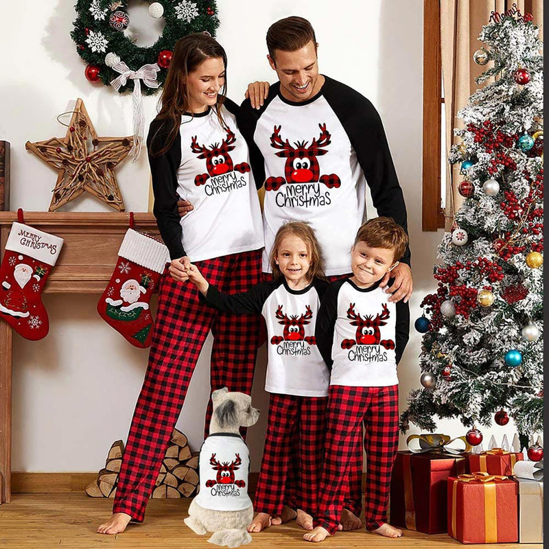 Family Reindeer Raglan & Red Plaid Pyjamas with Dog Top
