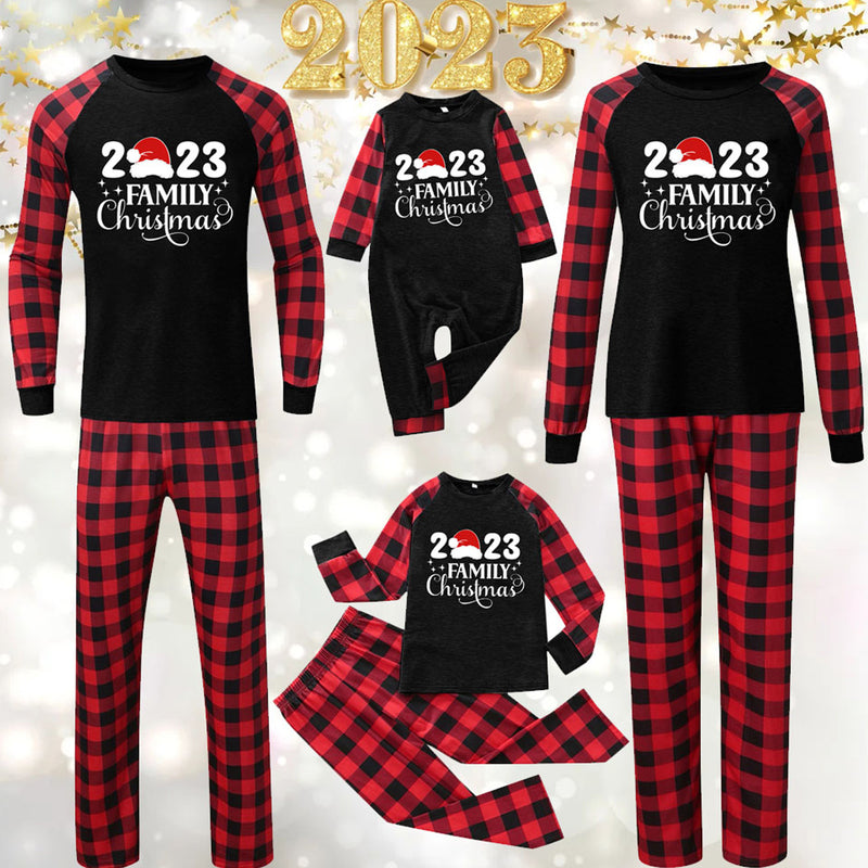 Family Christmas Santa Hat Raglan & Plaid Pyjamas