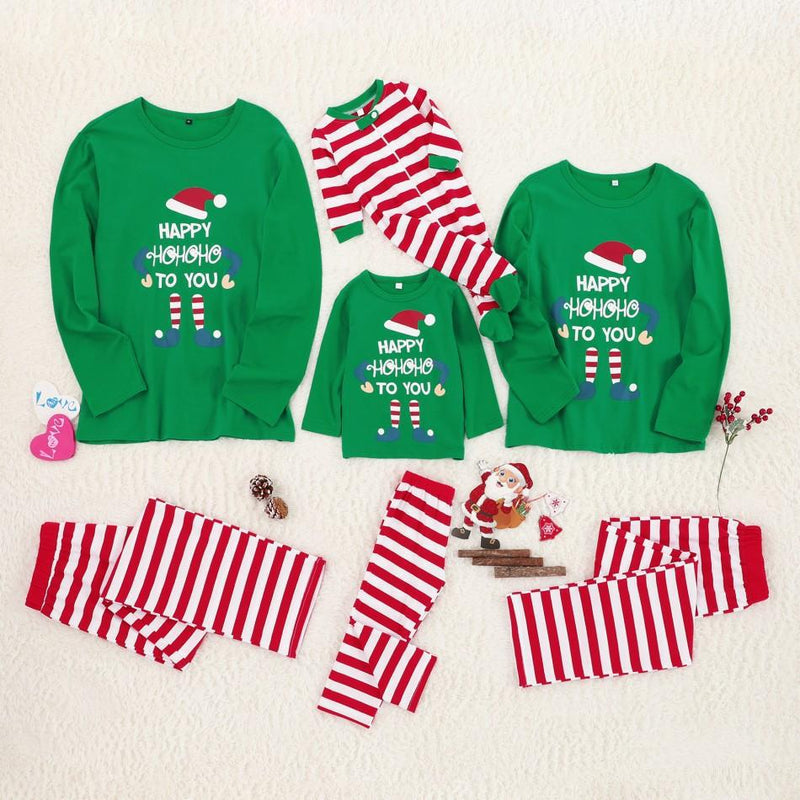 Family Green Happy Ho Ho Ho Stripe Christmas Pyjamas