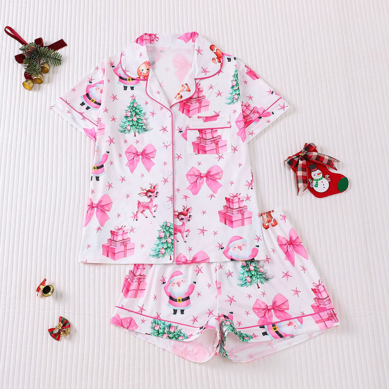 Women's White Pink Bow Short Christmas Pyjamas