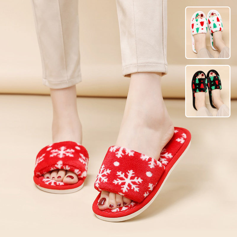 Open-Toe Snowflake Plush Christmas Slippers