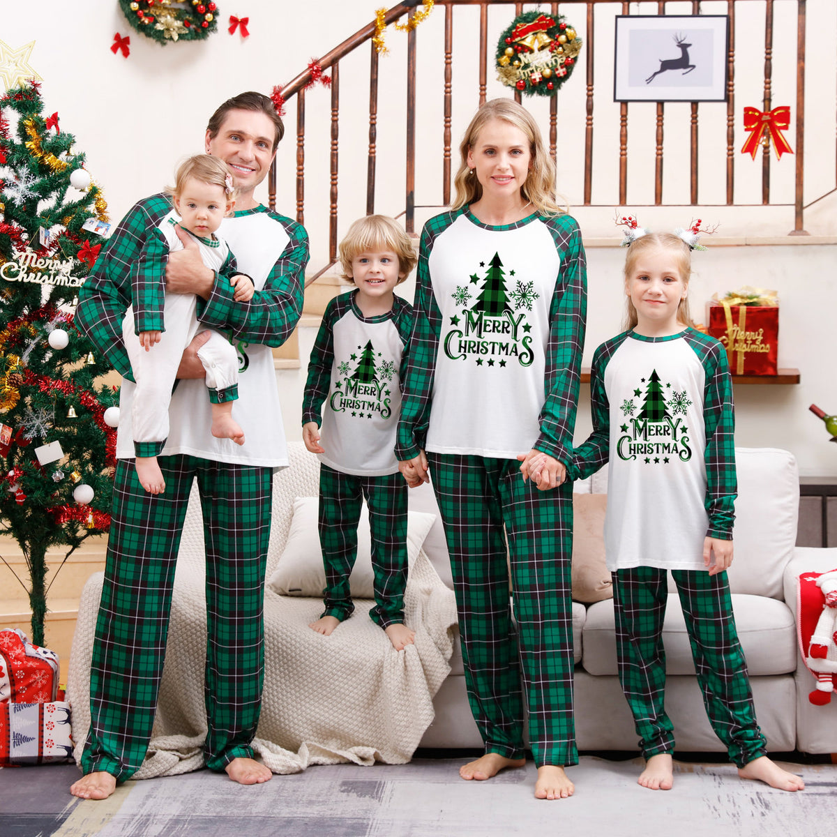 Family Merry Christmas Tree Raglan & Green Plaid Pyjamas