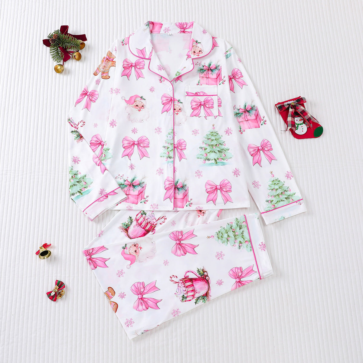 Women's Pink Bow & Tree Print Christmas Pyjamas