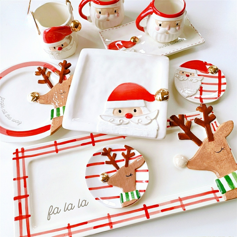 Santa & Reindeer Ceramic Christmas Plates