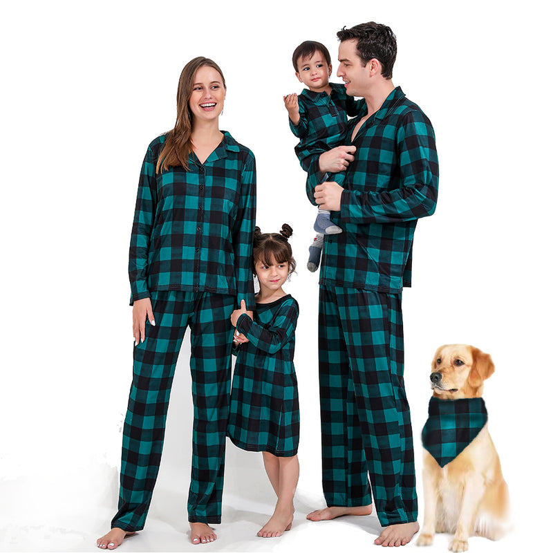 Family Green Tartan Christmas Pyjamas with Dog Bandana