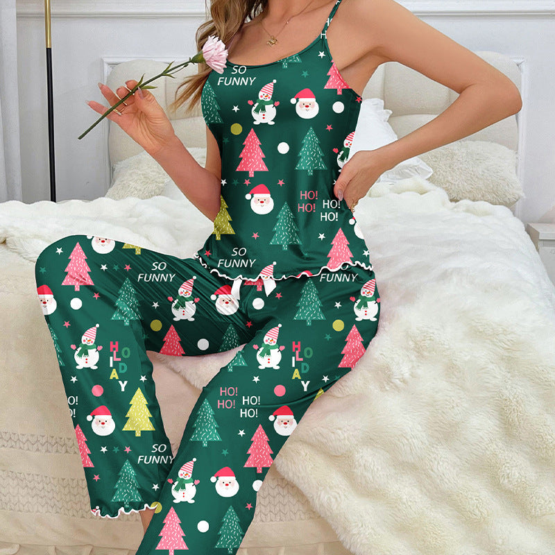 Women's Green Santa & Tree Cami Christmas Pyjamas