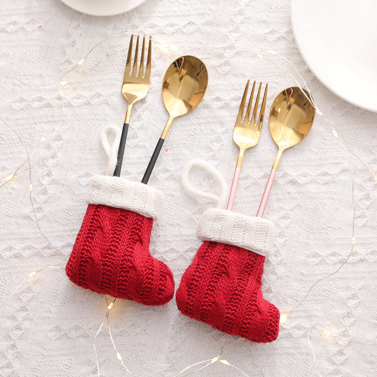 Mini Knitted Stocking Cutlery Holder – Red & Green – image 2