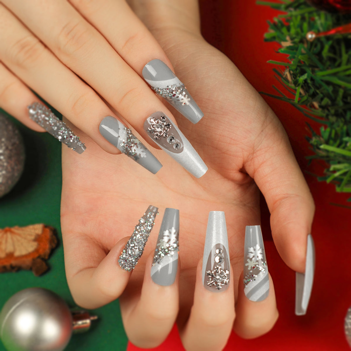 Silver Glitter Christmas Press-On Nails – image 2