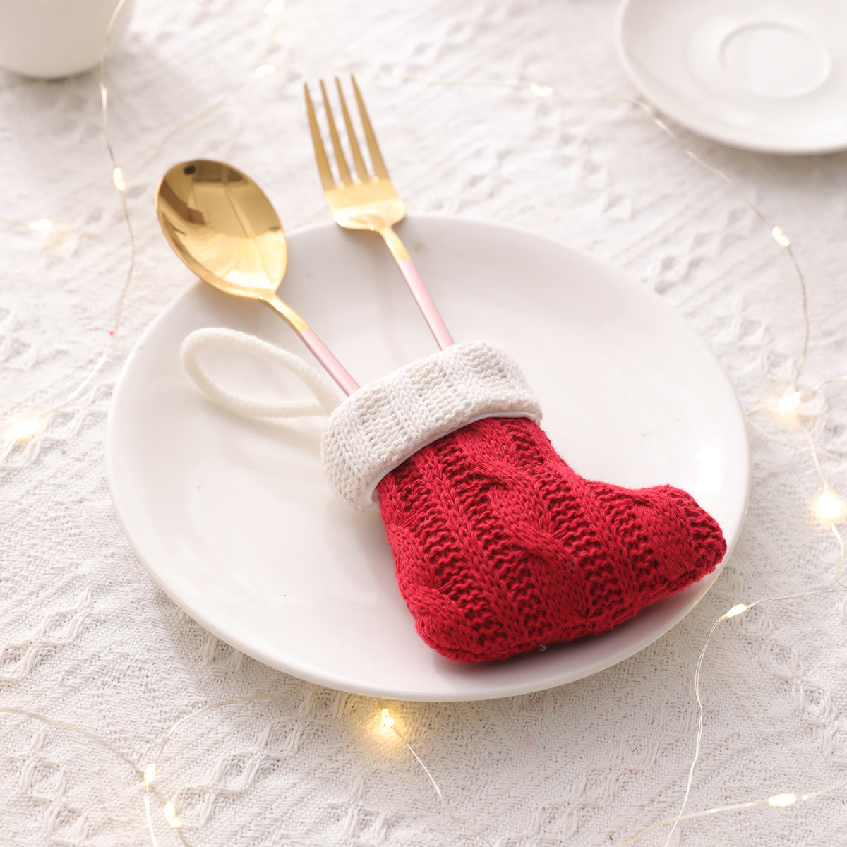 Mini Knitted Stocking Cutlery Holder – Red & Green – image 4
