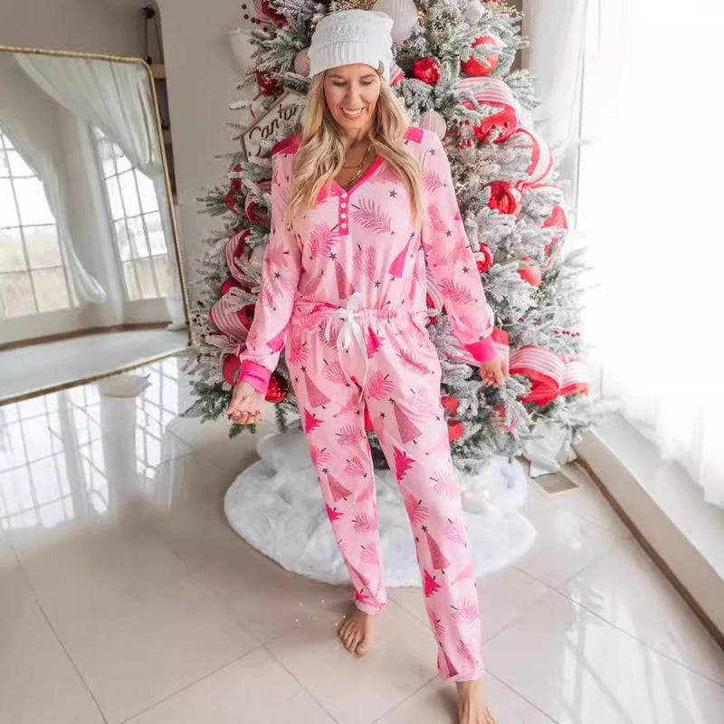 Women's Pink Christmas Print Onesie Pyjamas